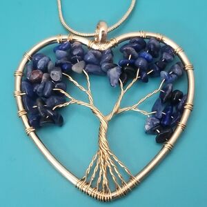 Gold Tone Metal And Blue Gem Chip Tree Of Life Necklace